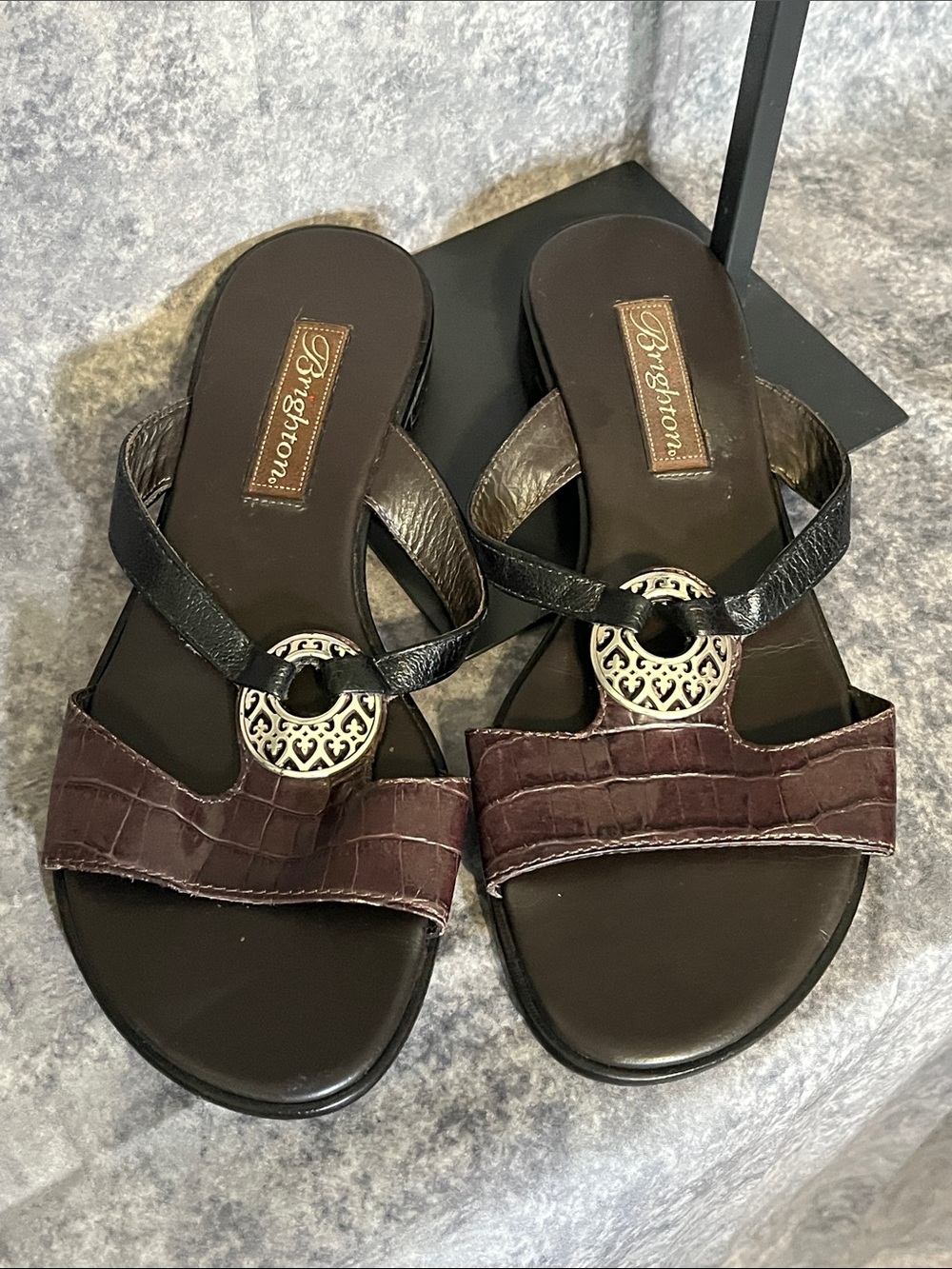 Brighton Brown and Black Croc-Accent Slide Sandals with Decorative Medallion